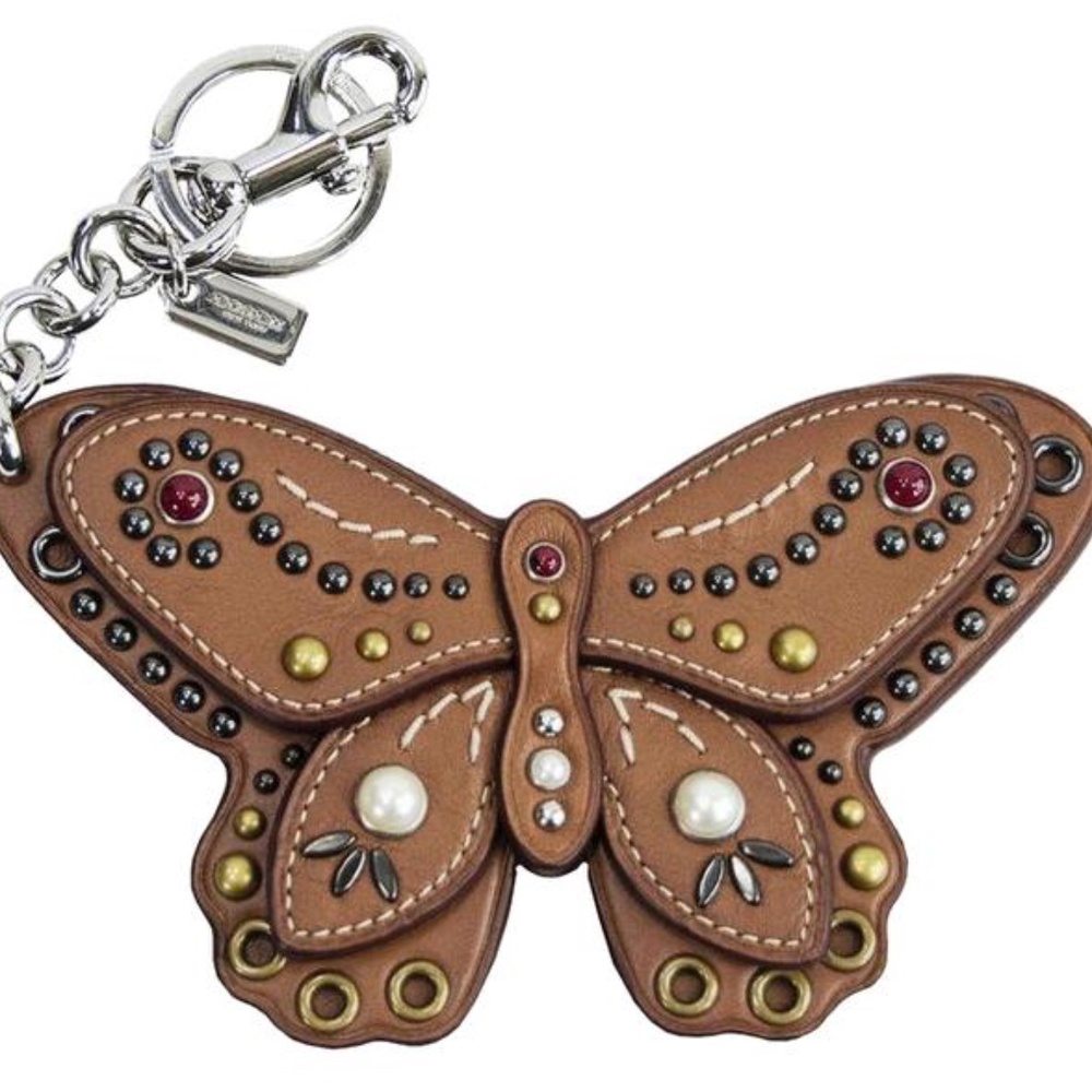 ✨NEW✨COACH Large Studded Leather Butterfly Bag Charm - Brown Saddle/Silver